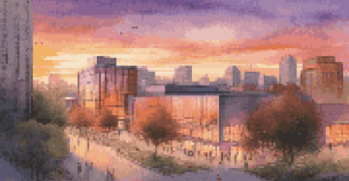 A city skyline at sunset with a new school building in the foreground, trees around, and people engaging in activities, with warm sky colors reflecting off the glass.