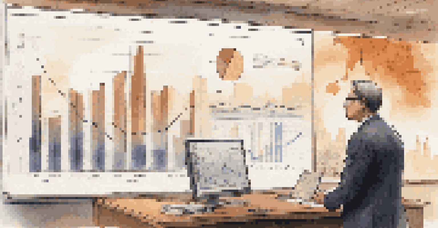 An office scene with a central bank official reviewing economic data on a screen, with a city skyline view.