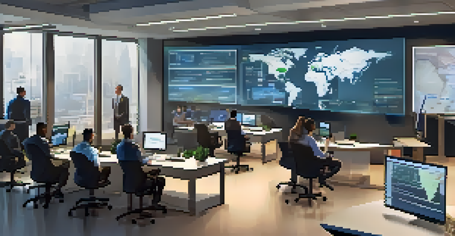An office setting where employees are attending a cybersecurity training session, with discussions and digital displays.
