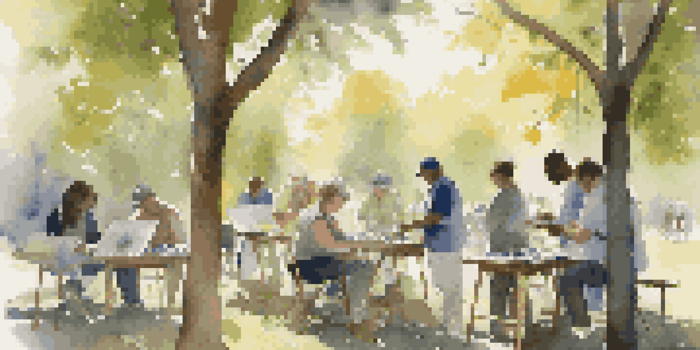 An outdoor workshop with an artist teaching a diverse group of individuals how to paint, surrounded by nature and sunlight filtering through trees.