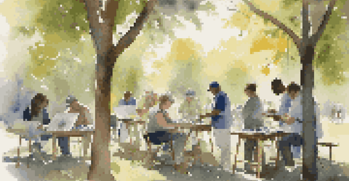 An outdoor workshop with an artist teaching a diverse group of individuals how to paint, surrounded by nature and sunlight filtering through trees.