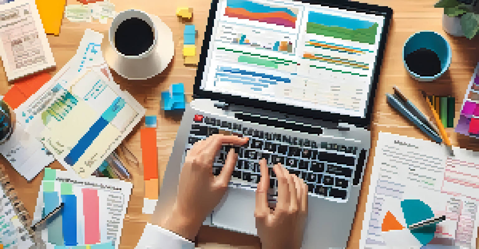 Overhead view of hands typing on a laptop with financial documents, a calculator, and colorful charts surrounding them.