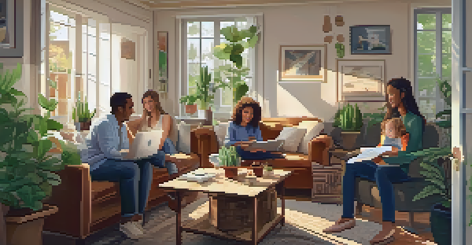 A family sitting together in a warmly lit living room, discussing finances with a laptop open showing graphs.