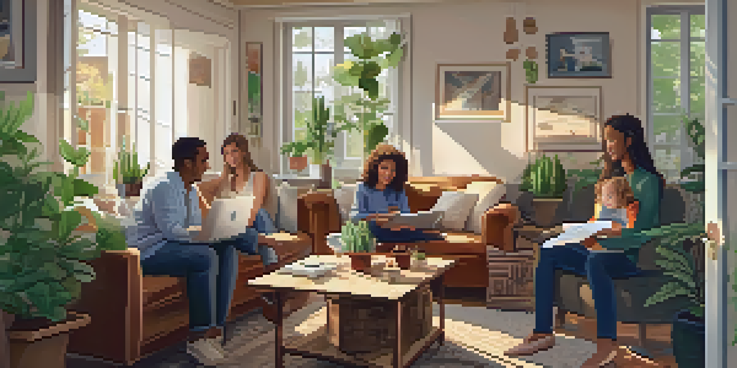 A family sitting together in a warmly lit living room, discussing finances with a laptop open showing graphs.