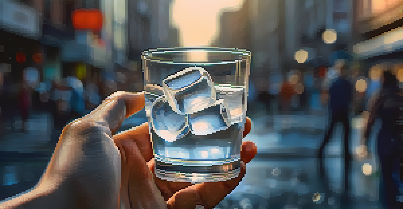 A close-up of a hand holding a glass of iced water in a busy city background.