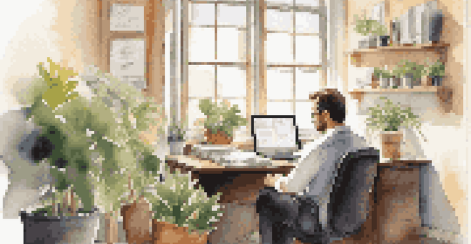 A small business owner in an office, looking at financial documents with a focused expression, surrounded by plants and motivational quotes.
