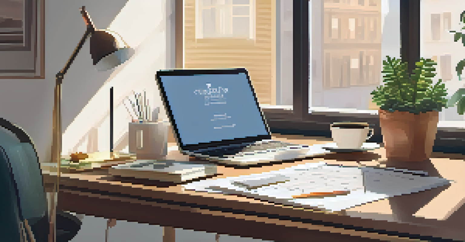 A neatly arranged desk with a budget planner, calculator, and coffee cup, illuminated by soft morning light.