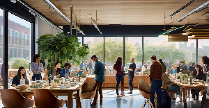 A lively crowdfunding event with diverse people discussing projects at tables, colorful banners, and sunlight streaming in.