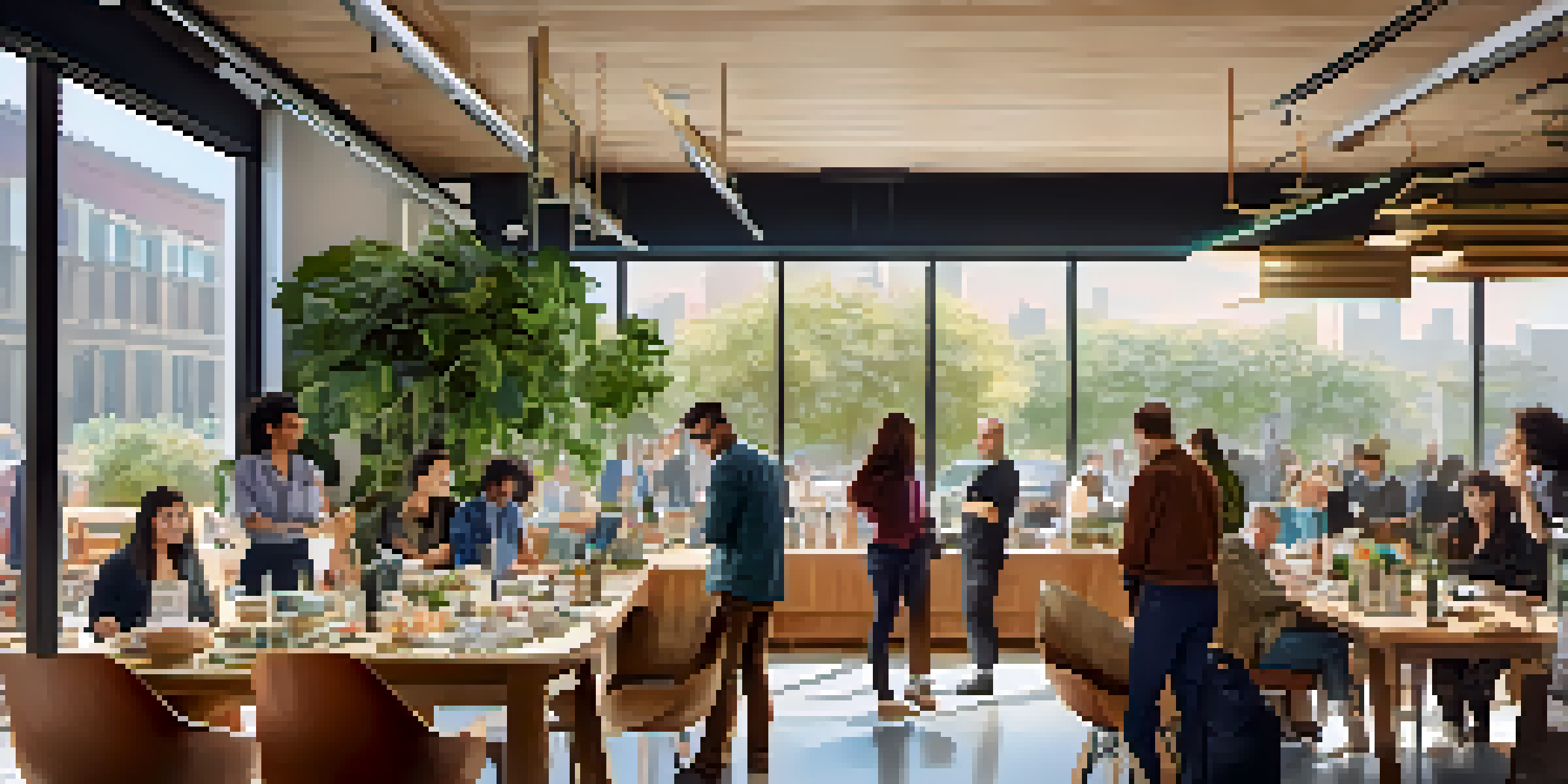 A lively crowdfunding event with diverse people discussing projects at tables, colorful banners, and sunlight streaming in.