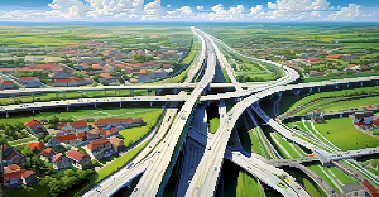 Aerial view of a new expressway connecting two cities with green fields and small towns around it.