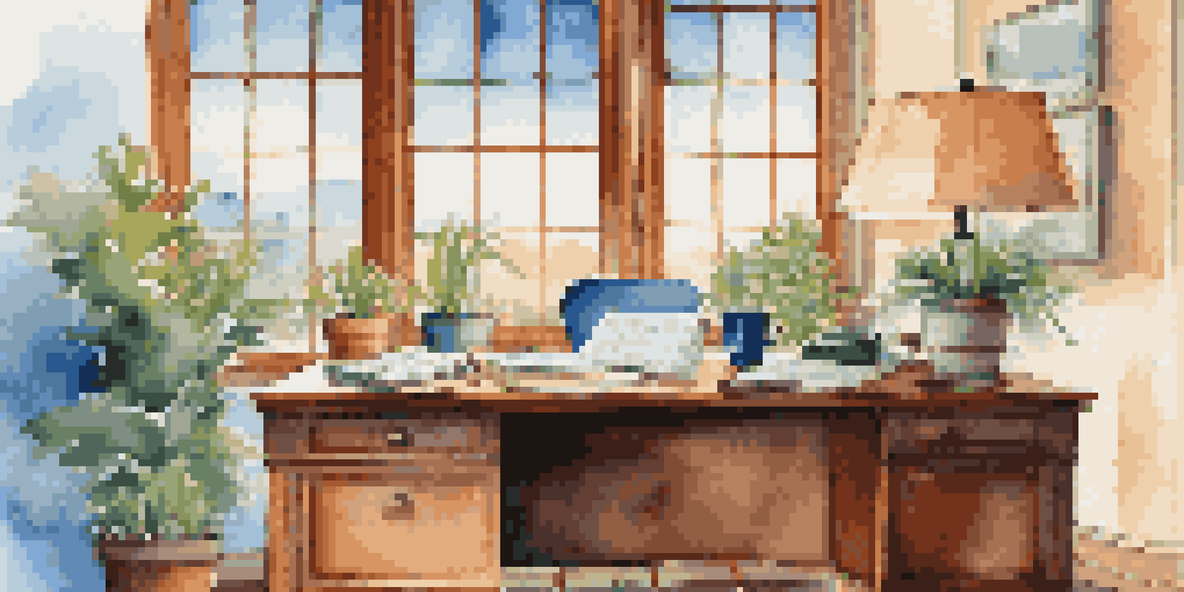 A peaceful office space featuring a wooden desk with a financial journal, coffee cup, and a plant, illuminated by natural light from a large window.