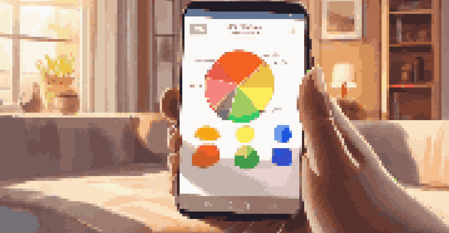 A smartphone displaying a colorful pie chart budget in a cozy living room.