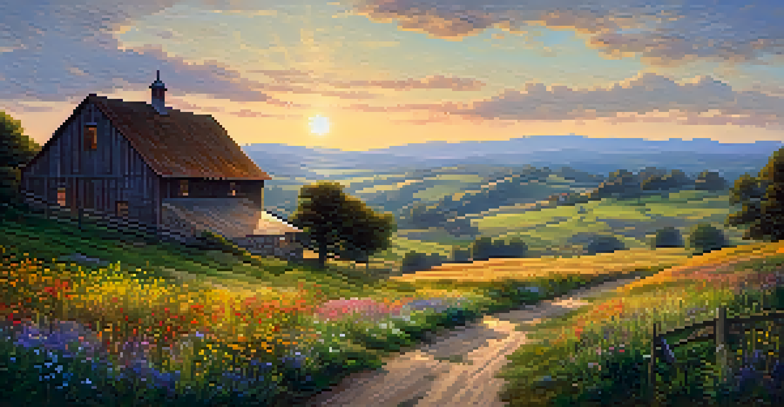 A peaceful rural landscape at golden hour with rolling hills, wildflowers, and a rustic farmhouse.