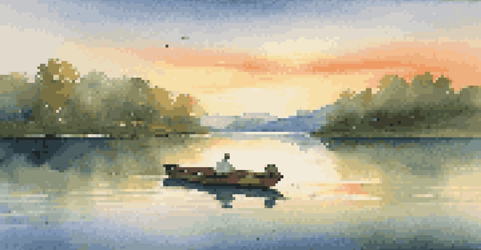 A peaceful lake scene with a wooden boat and a person fishing, surrounded by green hills and a sunset sky.