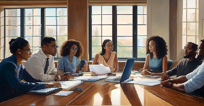 A diverse group of people discussing investments around a table with documents and laptops, illuminated by natural light.