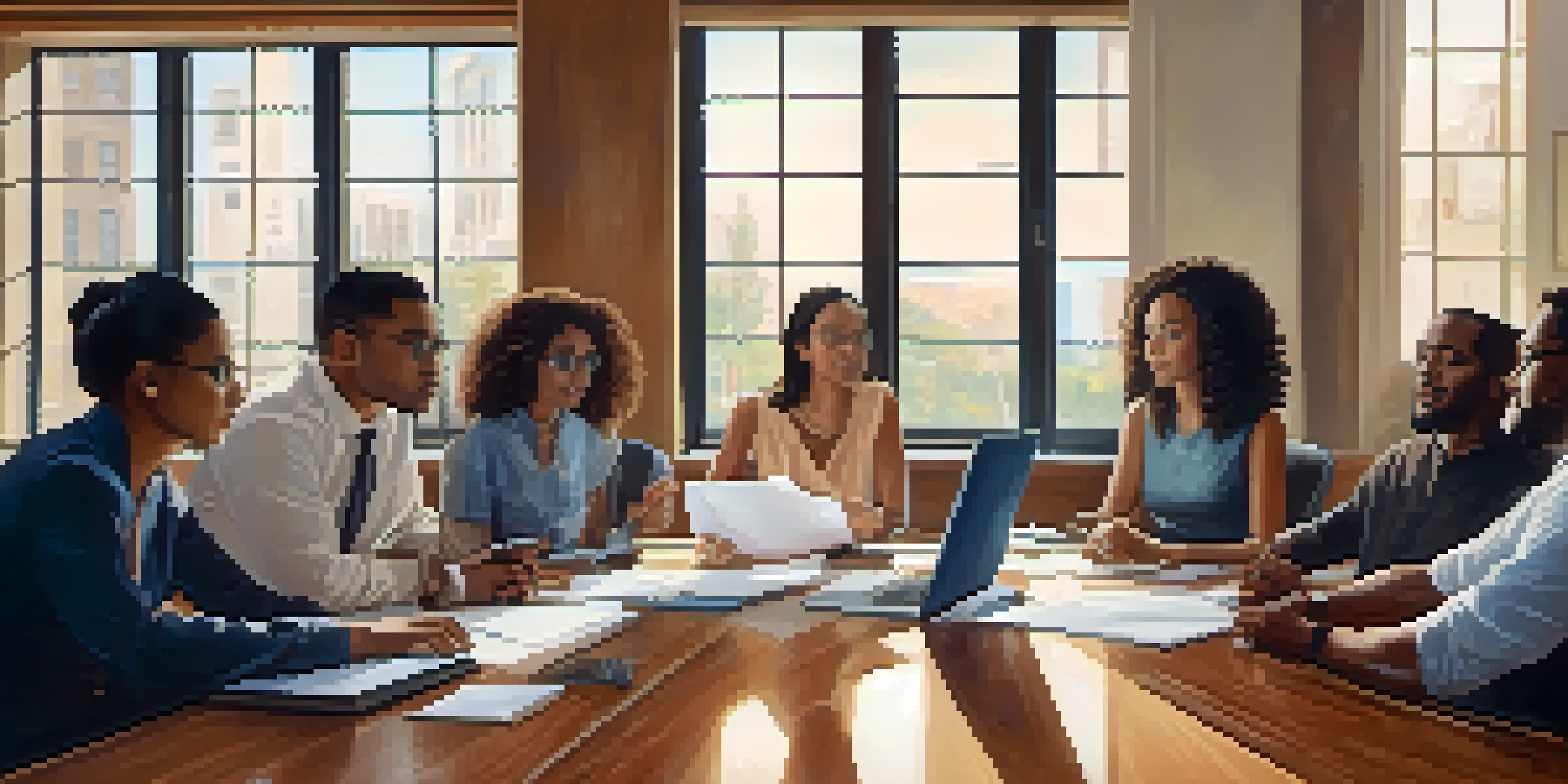 A diverse group of people discussing investments around a table with documents and laptops, illuminated by natural light.