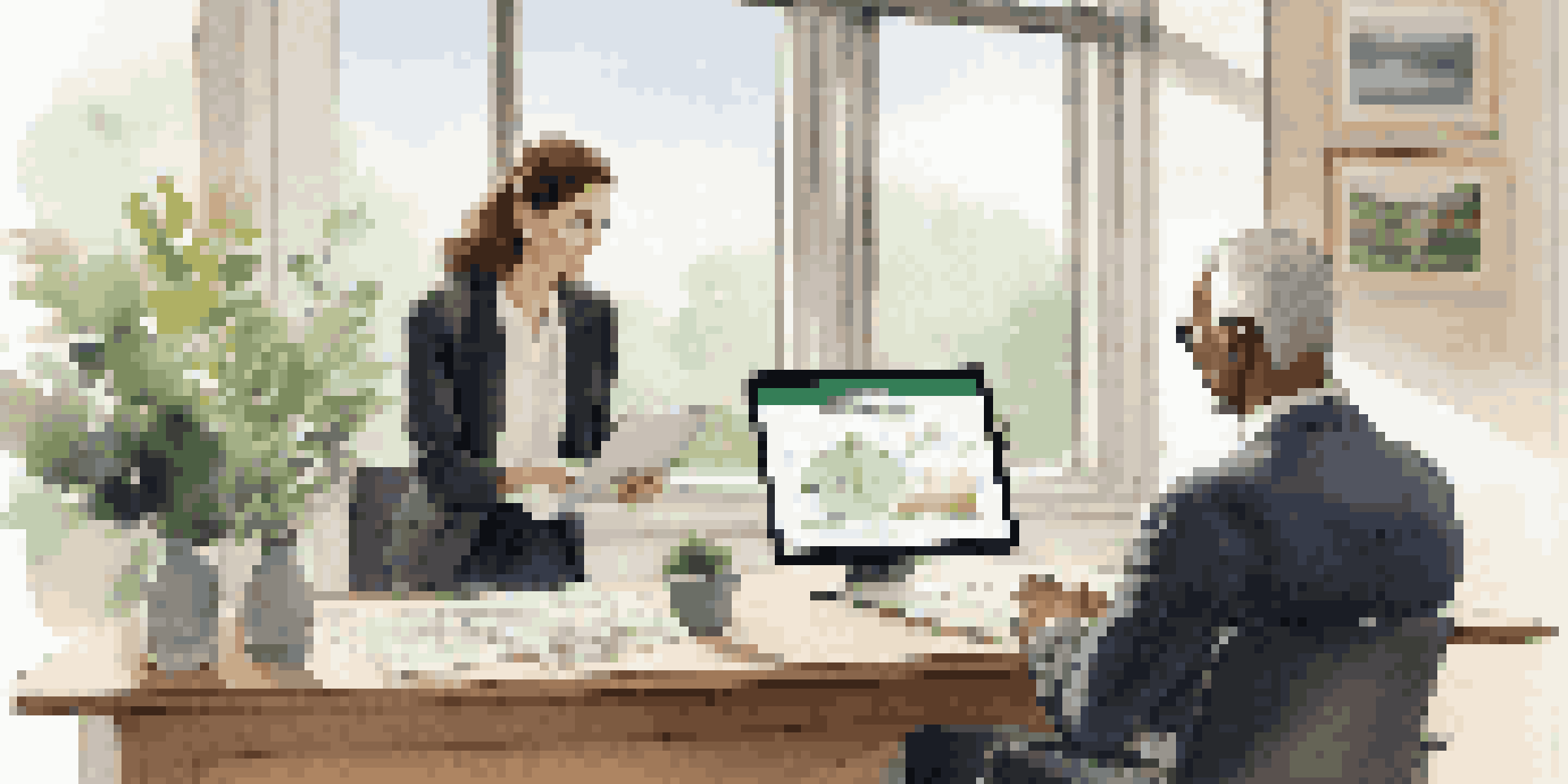 A financial advisor discusses financial plans with a client at a modern desk, illuminated by natural light from large windows.