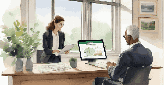 A financial advisor discusses financial plans with a client at a modern desk, illuminated by natural light from large windows.