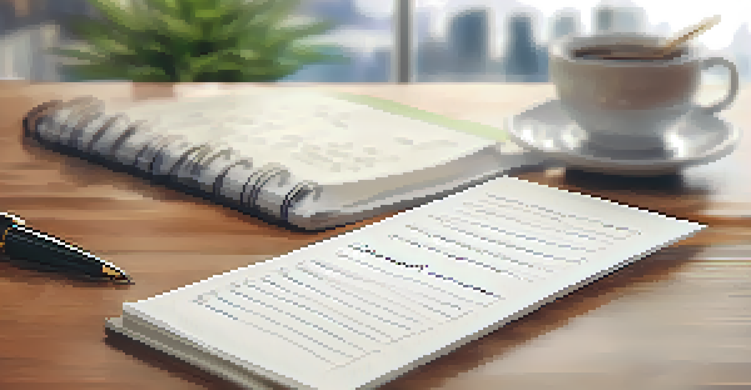 A close-up of a hand writing on a SWOT analysis notepad in a modern office with a coffee cup and potted plant in the background.