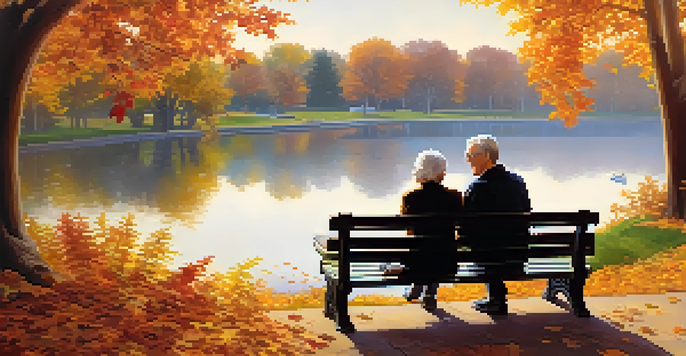 An elderly couple sitting on a park bench in autumn, smiling and discussing future plans, with a lake in the background.