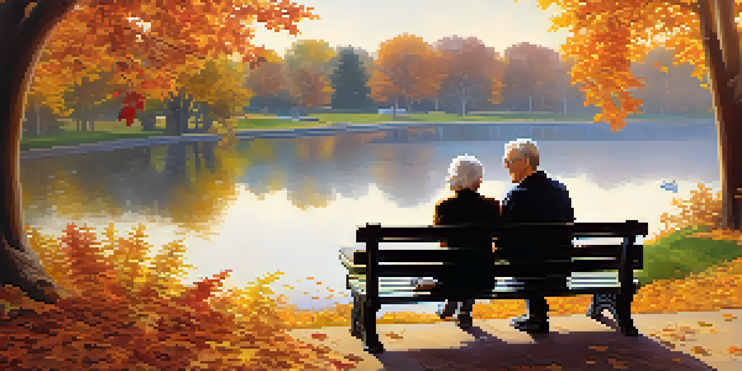 An elderly couple sitting on a park bench in autumn, smiling and discussing future plans, with a lake in the background.