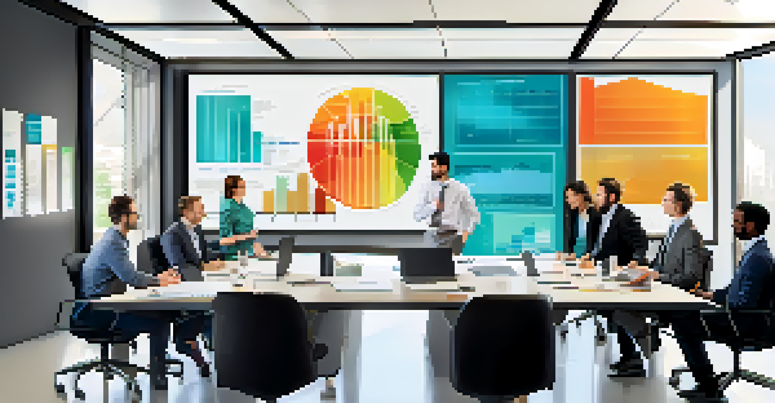 A diverse group of professionals in a bright conference room discussing at a table, with charts and graphs on digital screens.