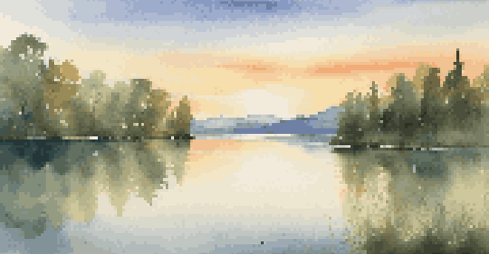 A peaceful lake surrounded by trees and mountains during sunset with golden light reflecting on the water.