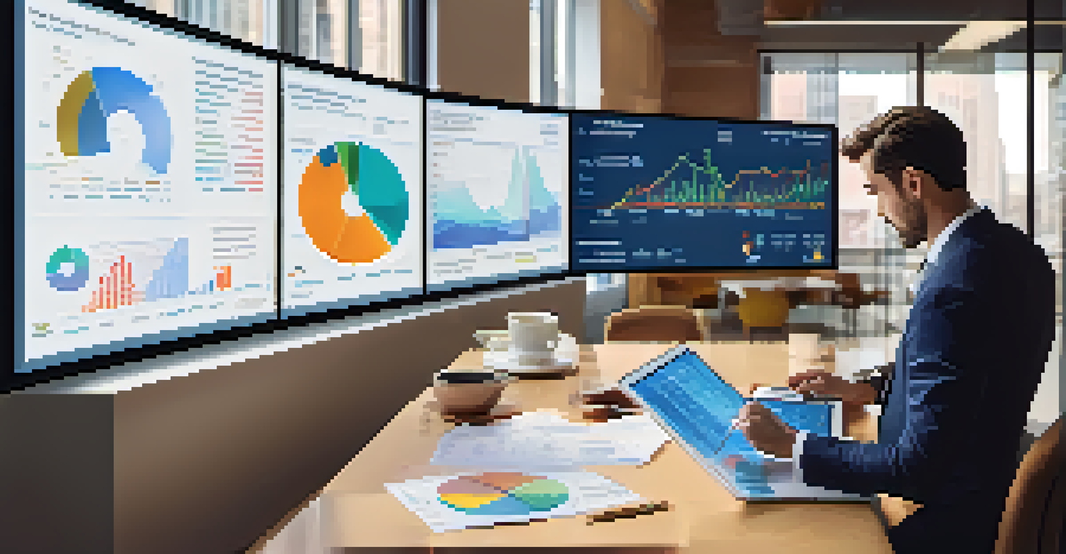 An investor using a digital tablet to analyze financial ratios, surrounded by floating graphs and charts in a bright contemporary workspace.