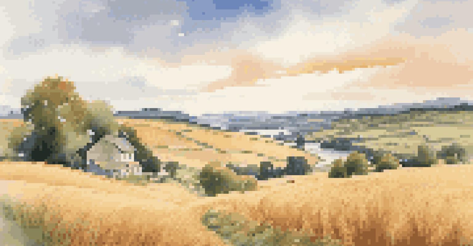 A serene rural landscape with rolling hills, a winding river, and a farmhouse surrounded by fields, under a clear sky.