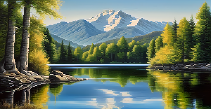 A peaceful lake scene with green trees and mountains reflected on the water under a bright sky.
