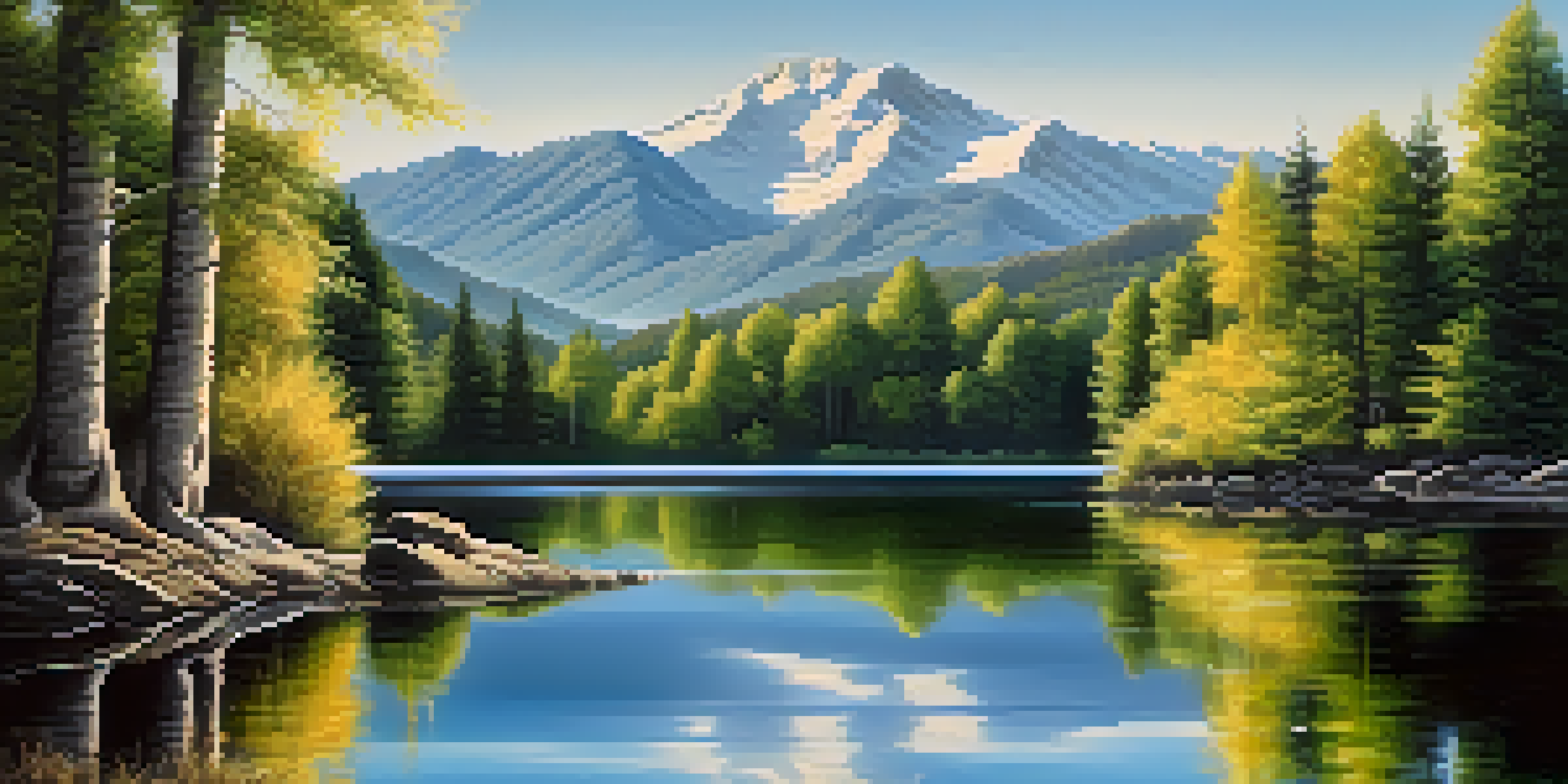 A peaceful lake scene with green trees and mountains reflected on the water under a bright sky.