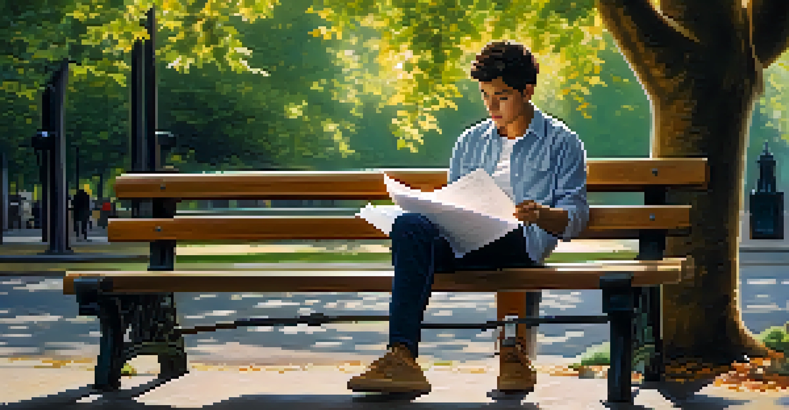 A person sitting on a park bench, reviewing financial documents surrounded by trees and sunlight.