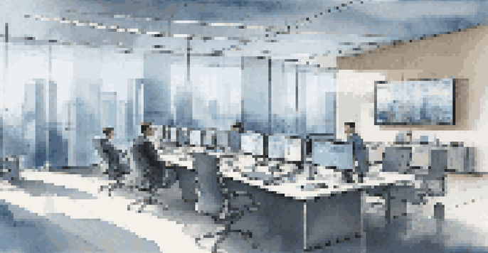 A contemporary hedge fund office with glass walls, high-tech trading screens, and a team of professionals working together.