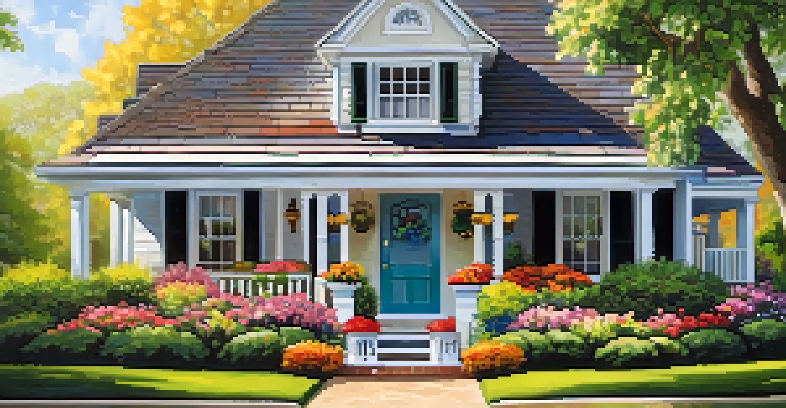 A close-up of a 'For Sale' sign in front of a charming home with a garden, showcasing classic architecture and blooming flowers.