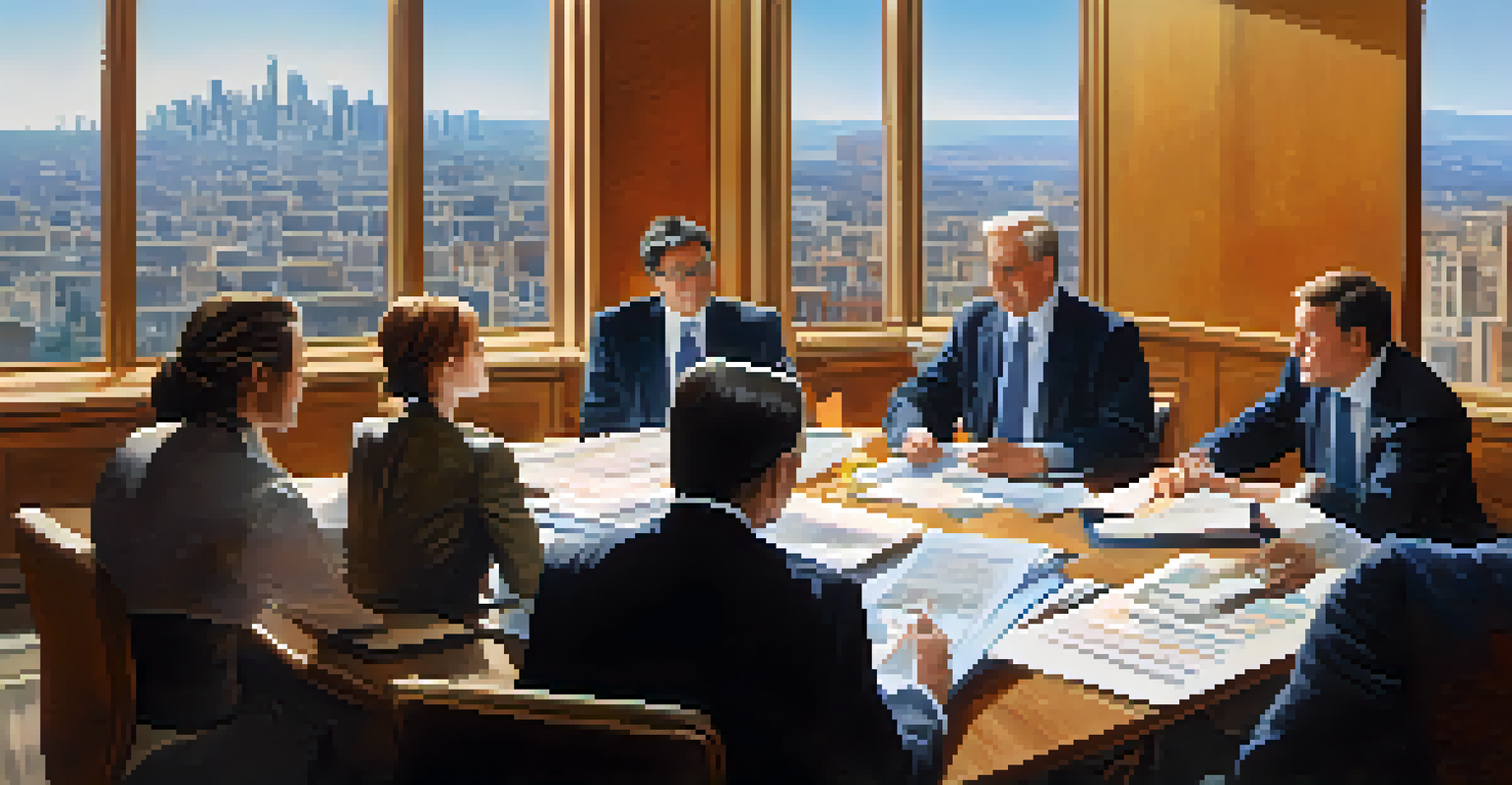 People from different sectors discussing blended finance at a large table with documents and cityscape in the background.