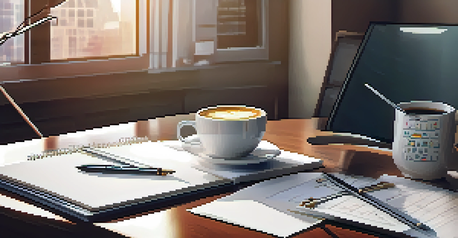 A financial planner's desk with documents, a laptop, and a coffee cup in a well-lit setting.
