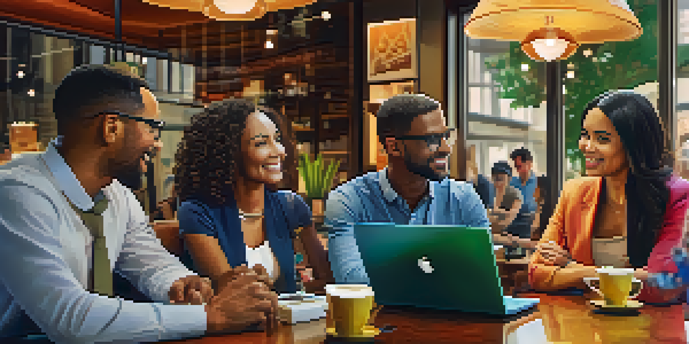 A diverse group of people discussing investments in a modern coffee shop, surrounded by laptops and financial documents.