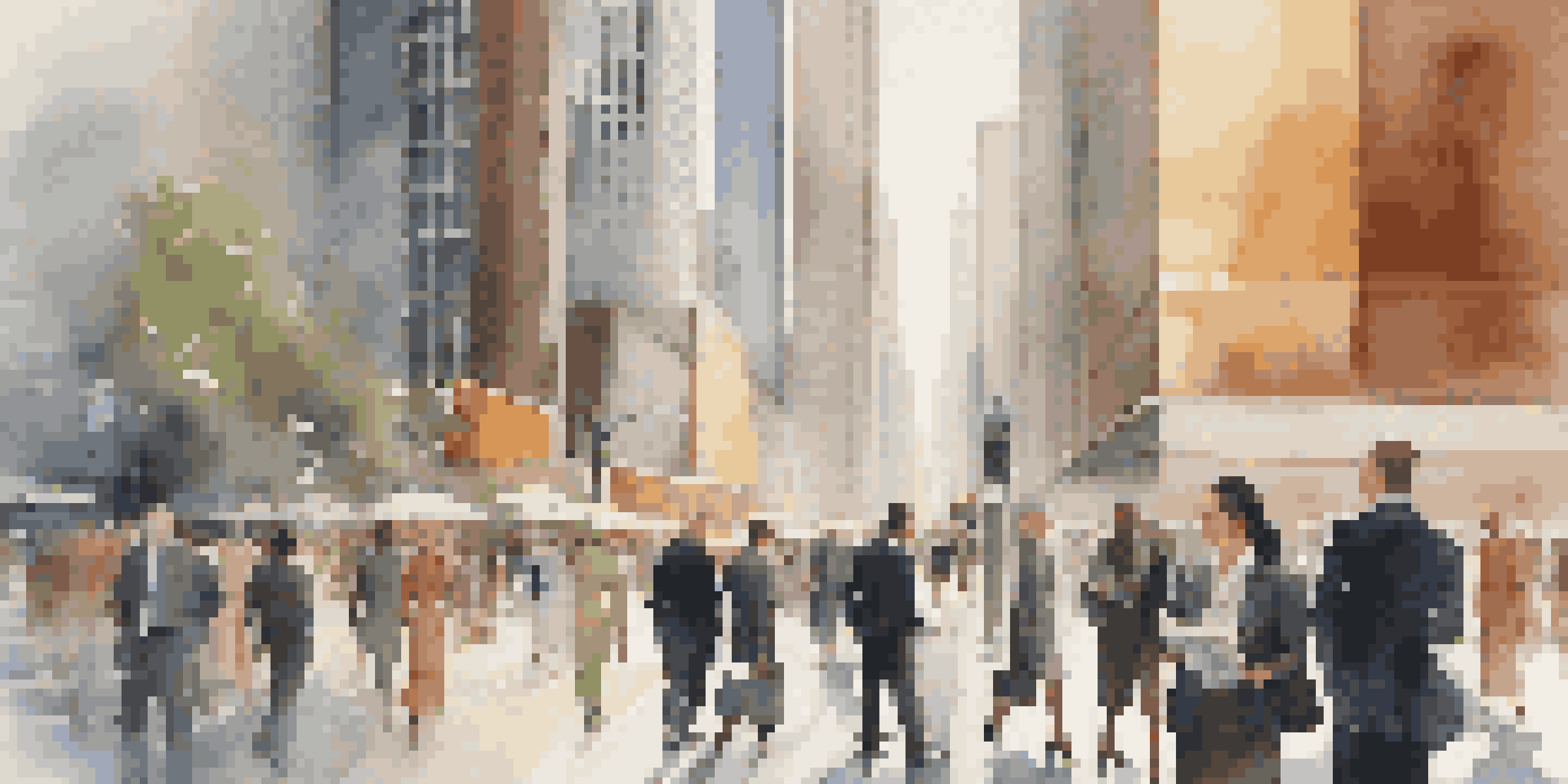 A busy financial district with diverse investors discussing market trends, illuminated by morning sunlight.