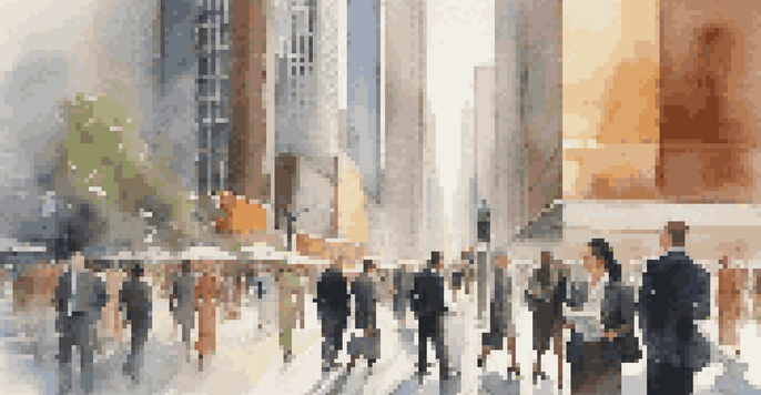 A busy financial district with diverse investors discussing market trends, illuminated by morning sunlight.