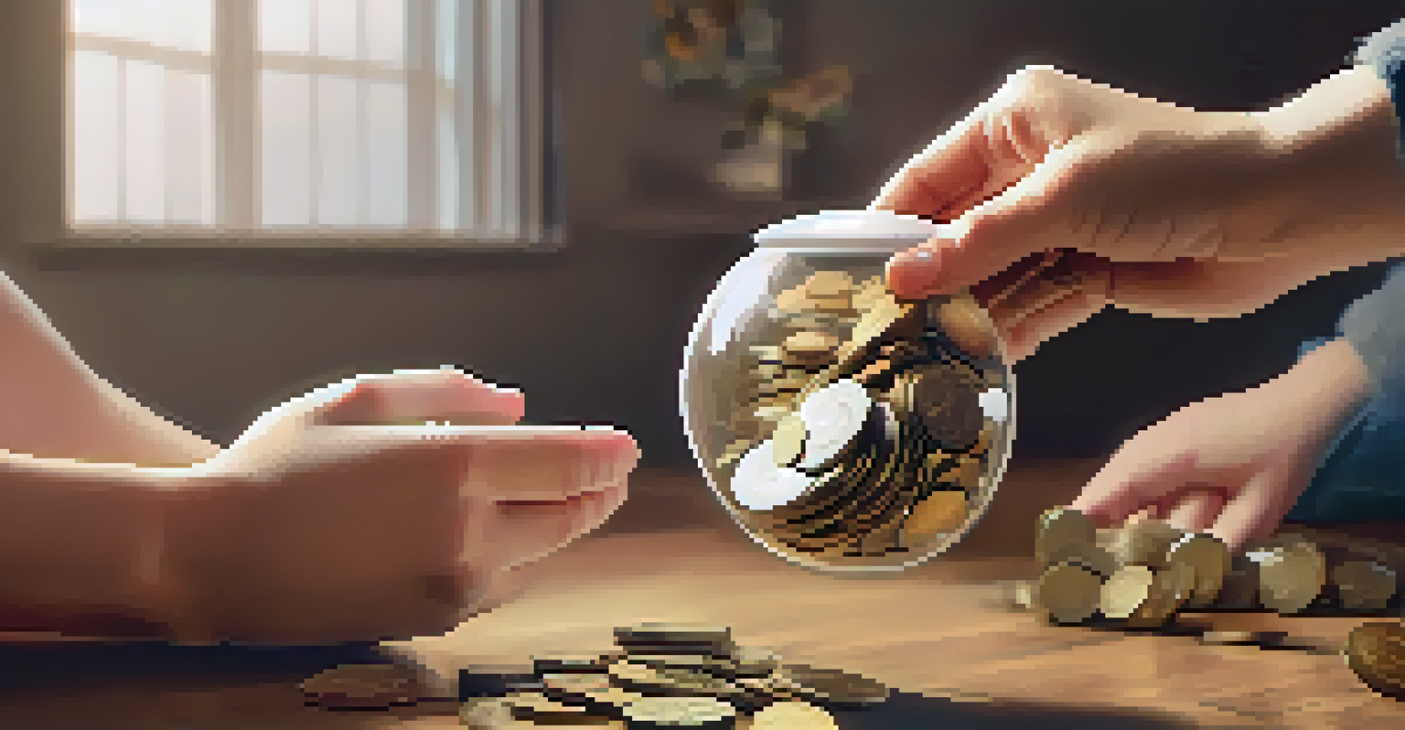 Close-up of hands holding a piggy bank with coins, representing saving money and future planning.