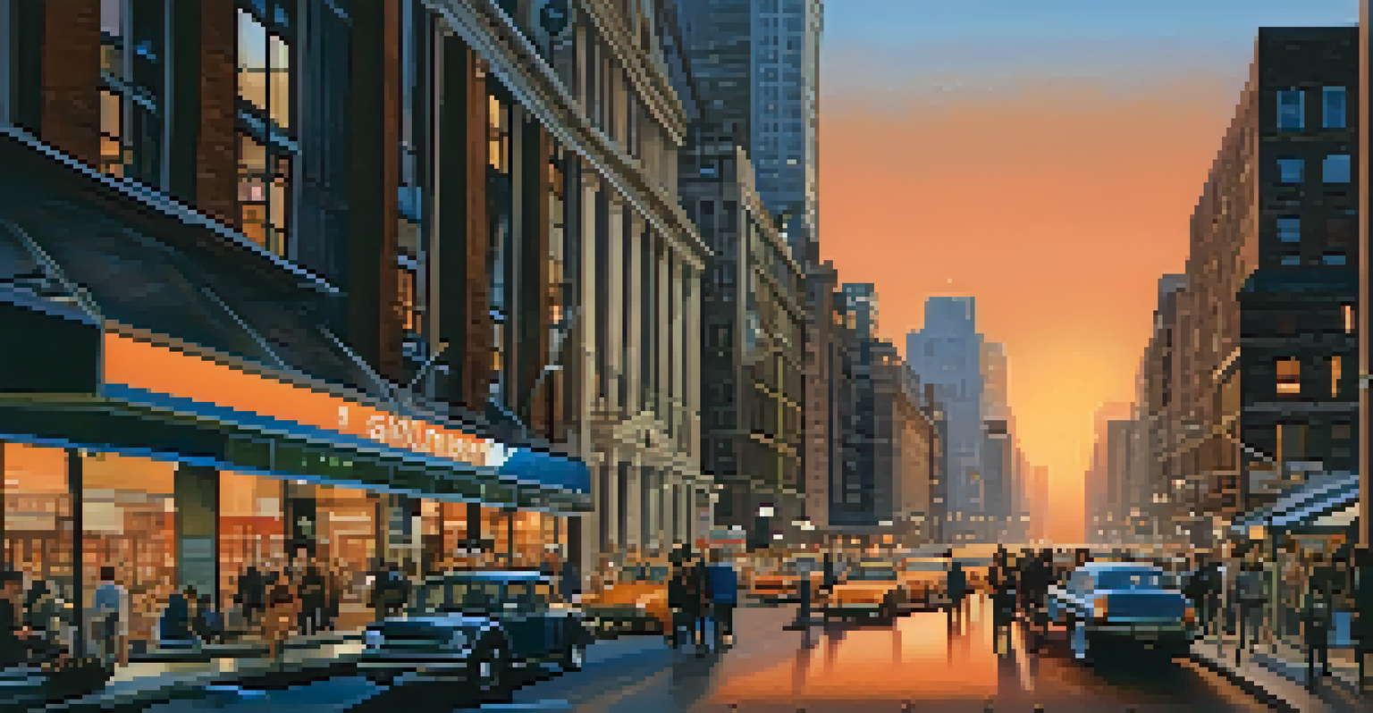 A vibrant cityscape at dusk with illuminated skyscrapers and moving cars on the streets.