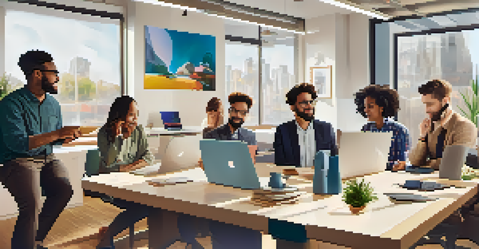 A diverse group of employees in a video call discussing remote work in a bright office.
