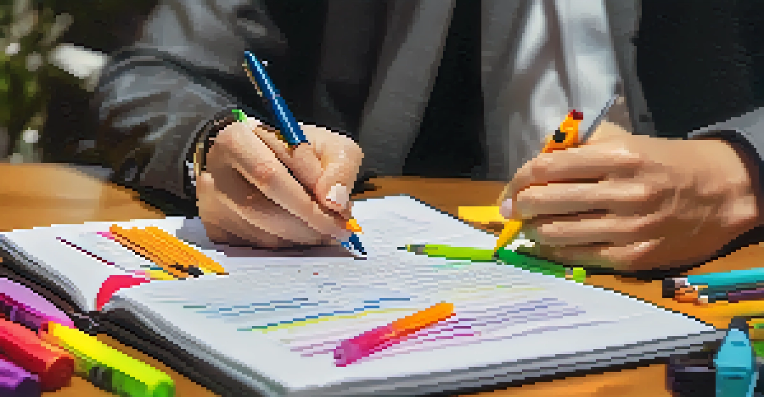 A close-up of hands writing in a financial planner with colorful pens and a calculator nearby.