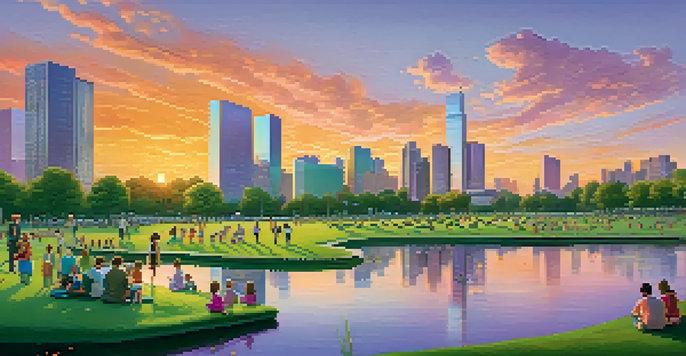 A modern city skyline at sunset over a lush green park with families picnicking and children playing.