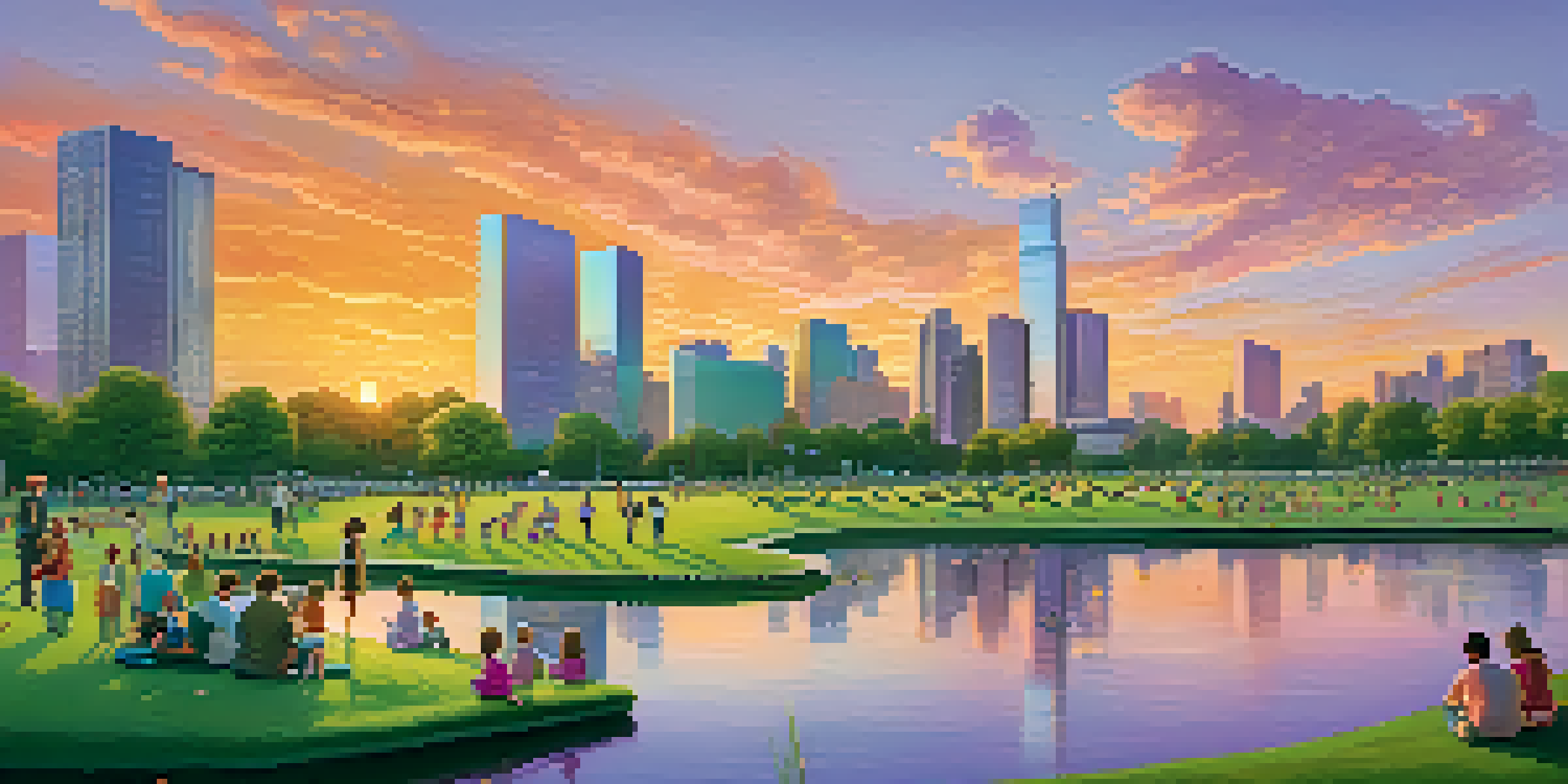 A modern city skyline at sunset over a lush green park with families picnicking and children playing.