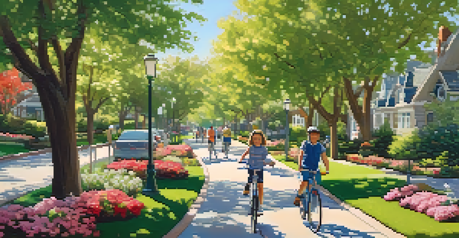 A peaceful bike lane in a neighborhood with cyclists and pedestrians enjoying a sunny day.