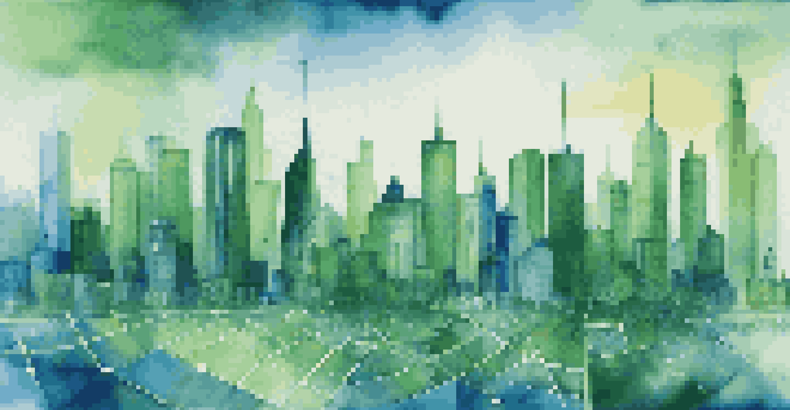 An abstract image of a modern city skyline overlaid with graphs and charts, using blue and green hues to symbolize economic growth.
