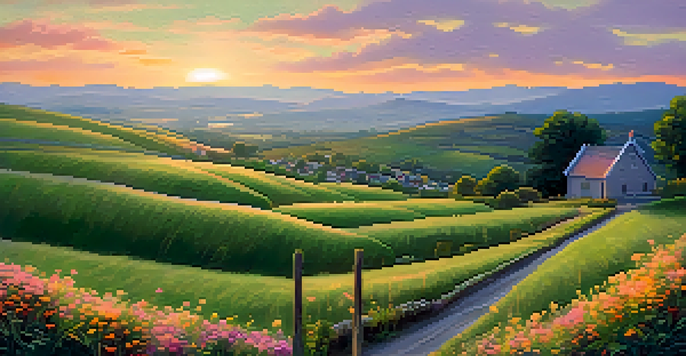 A peaceful landscape with a wooden signpost labeled 'IRA' surrounded by flowers, under a golden sunset.