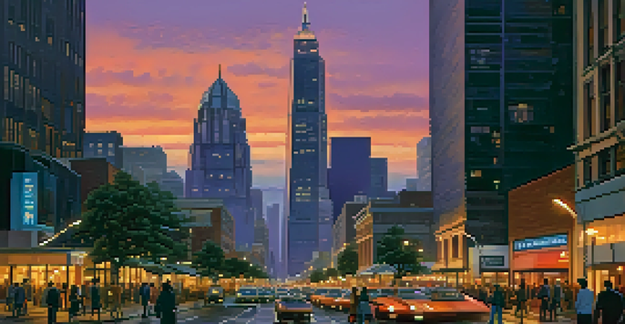 A city skyline at dusk with skyscrapers and historical buildings, illuminated by streetlights and sunset colors.