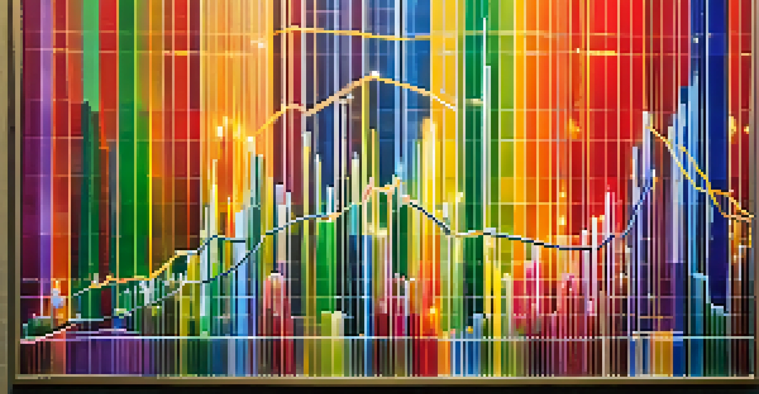 A detailed stock market chart showing upward trends with candlestick patterns in a busy financial district.